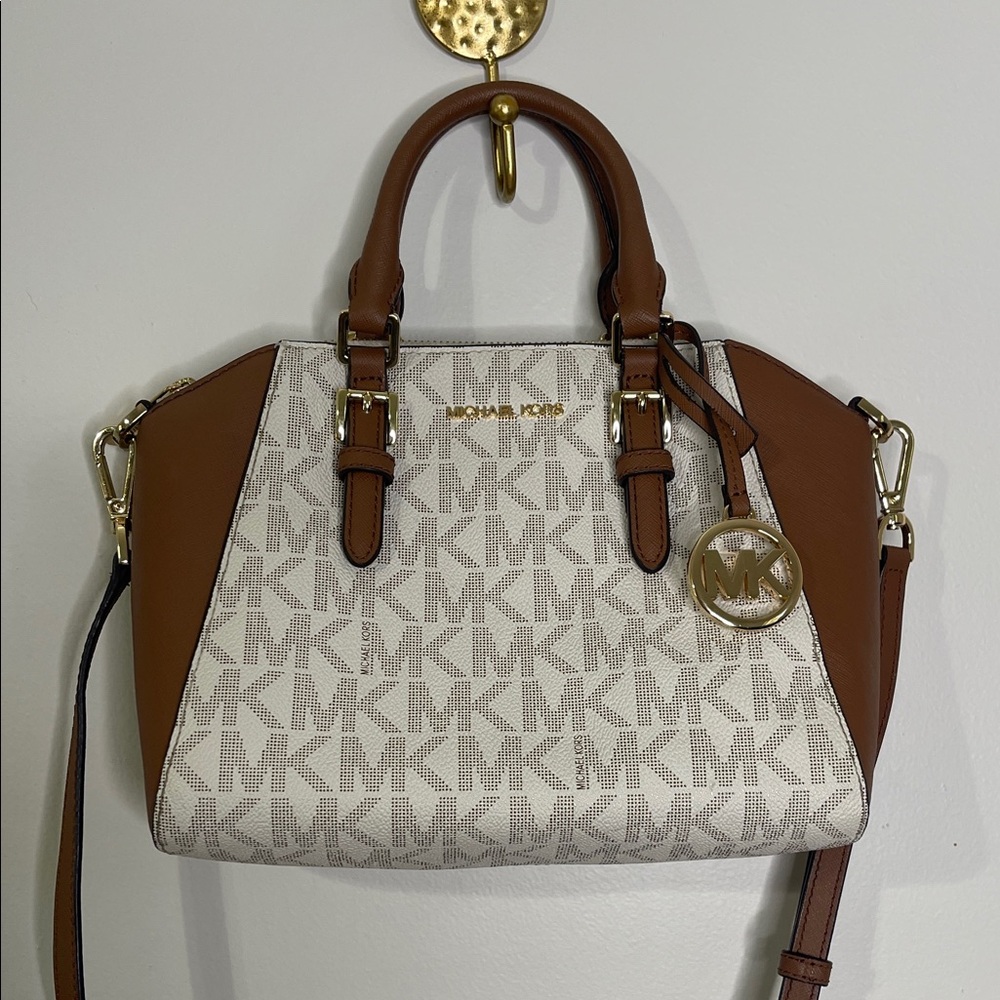 Michael Kors Tan and White Signature Satchel